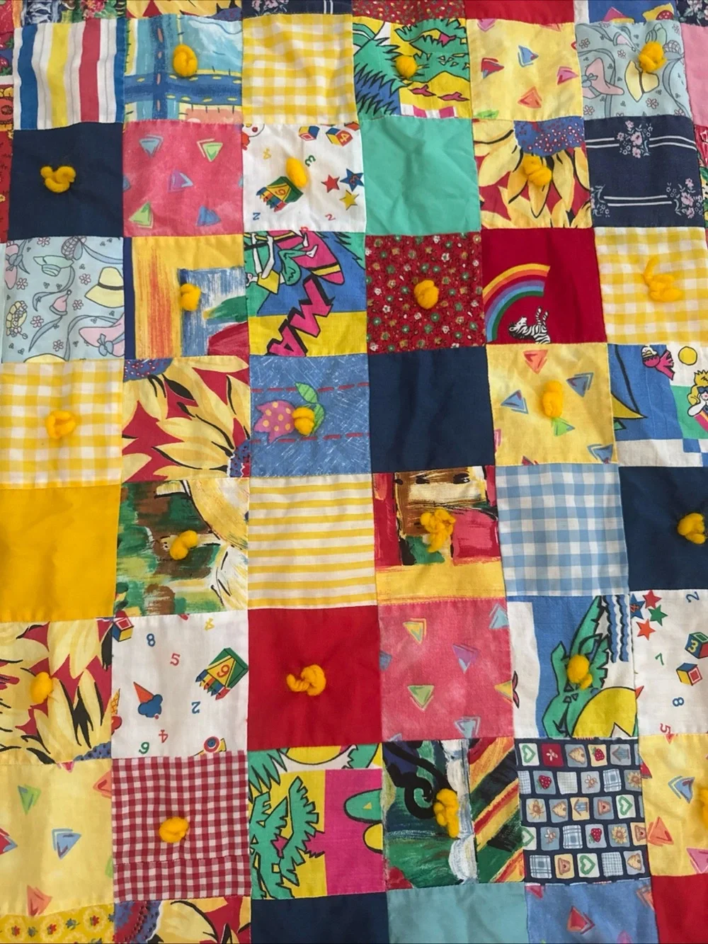 Vintage Handmade Crazy Quilt Baby Blanket 40x54 80s 90s Retro Bright Abstract